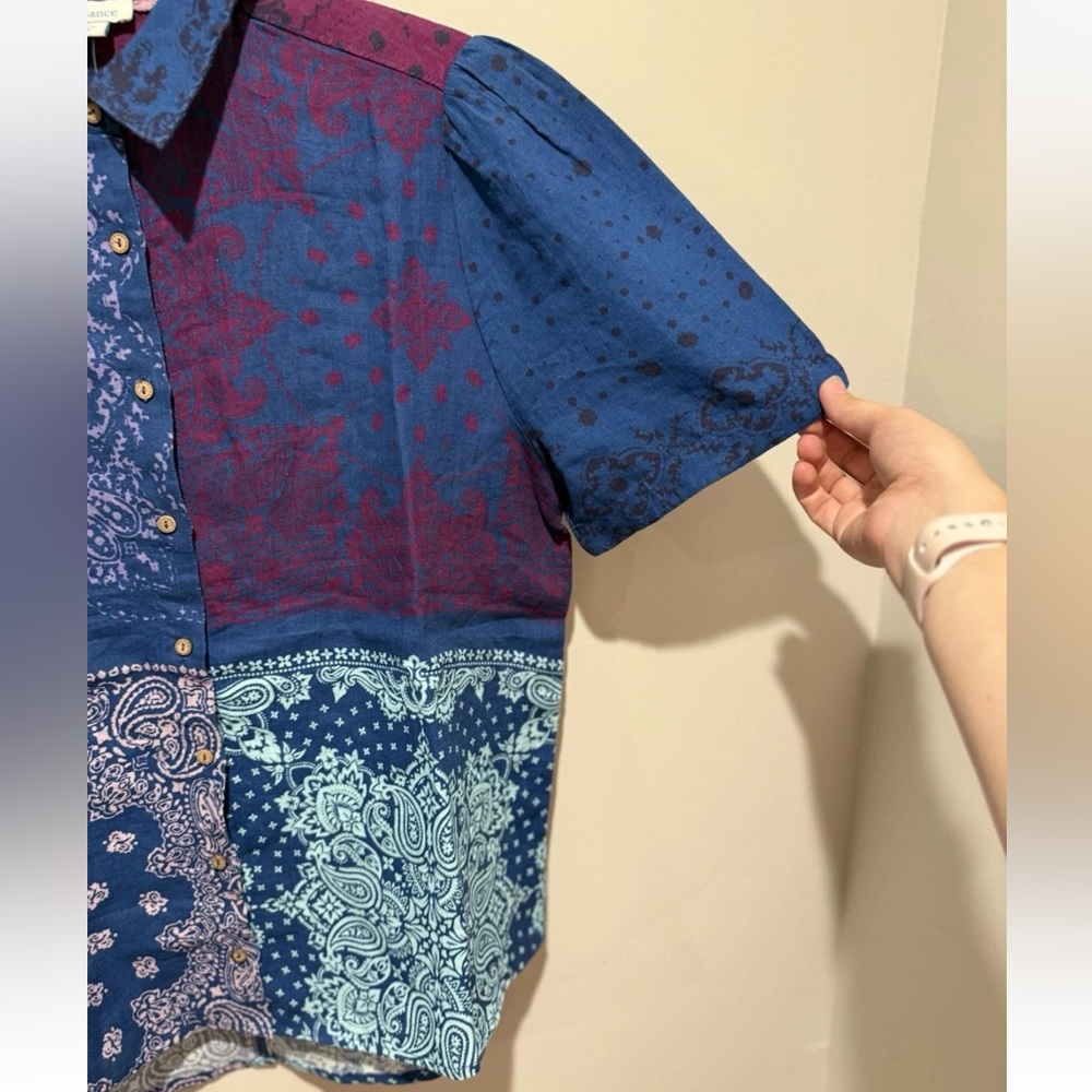 NWT Sundance Linen Patchwork Design Boho Button Up Short Sleeve - Picture 4 of 7